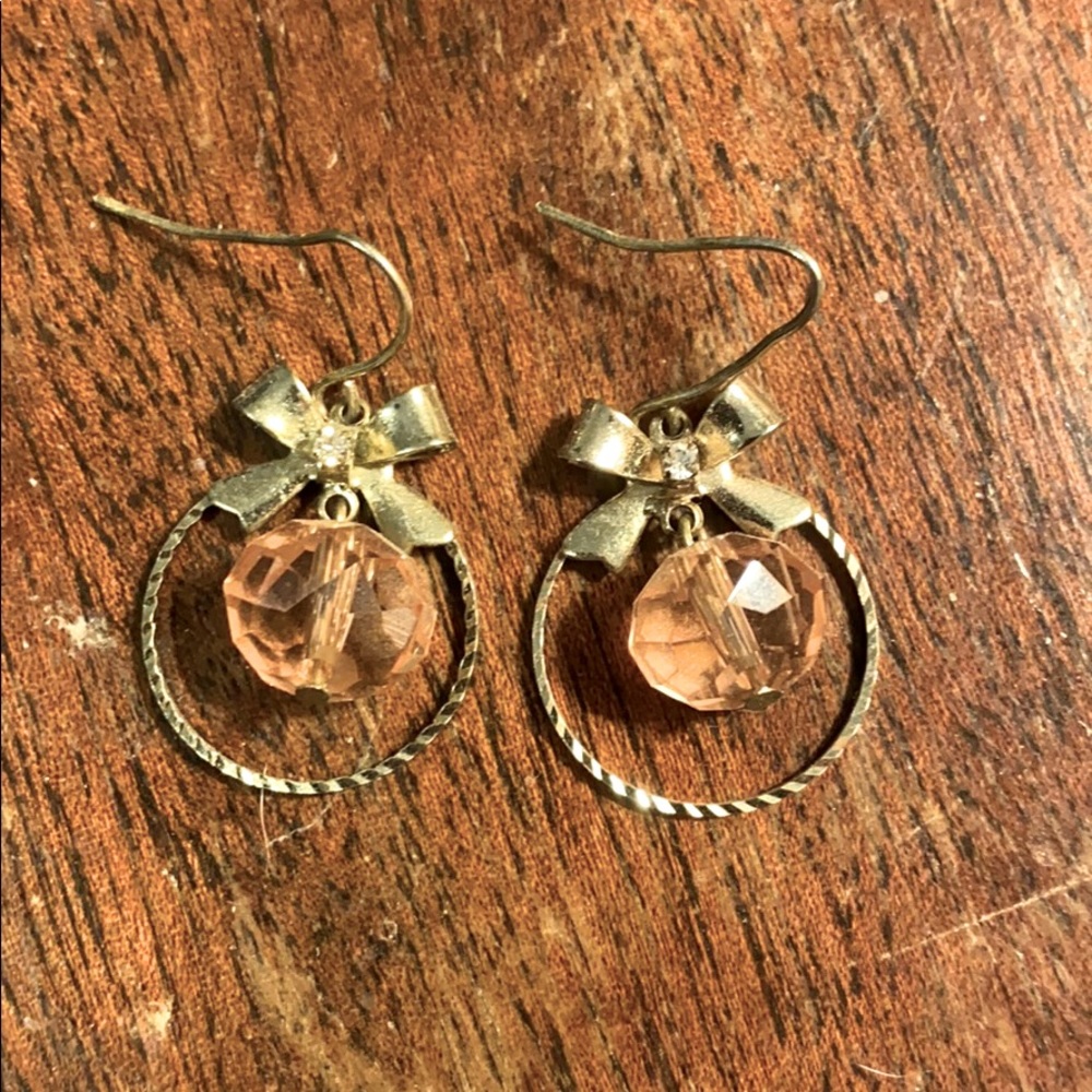 Pink gem & bow dangle earrings